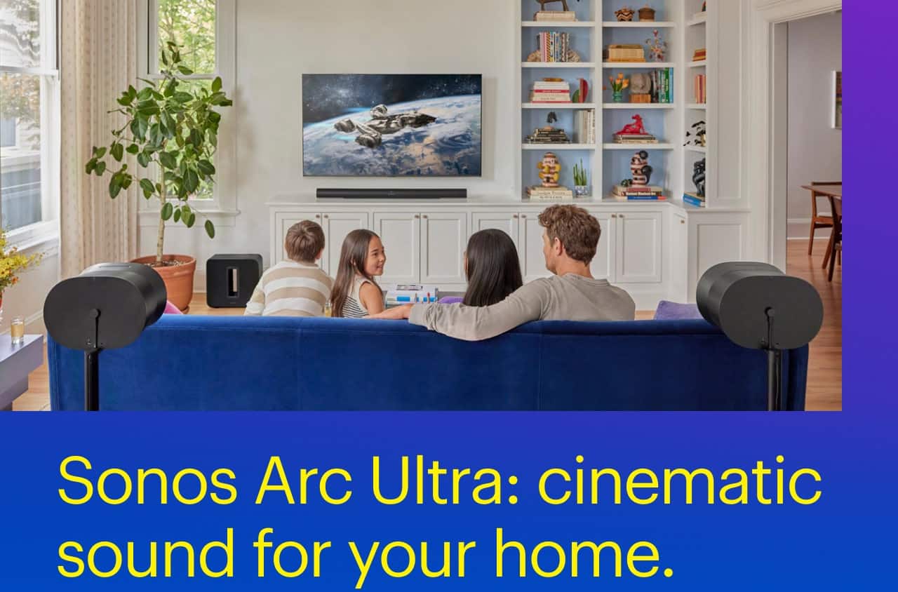 Sonos Arc Ultra: cinematic sound for your home.  People watching TV with Sonos Arc Ultra.