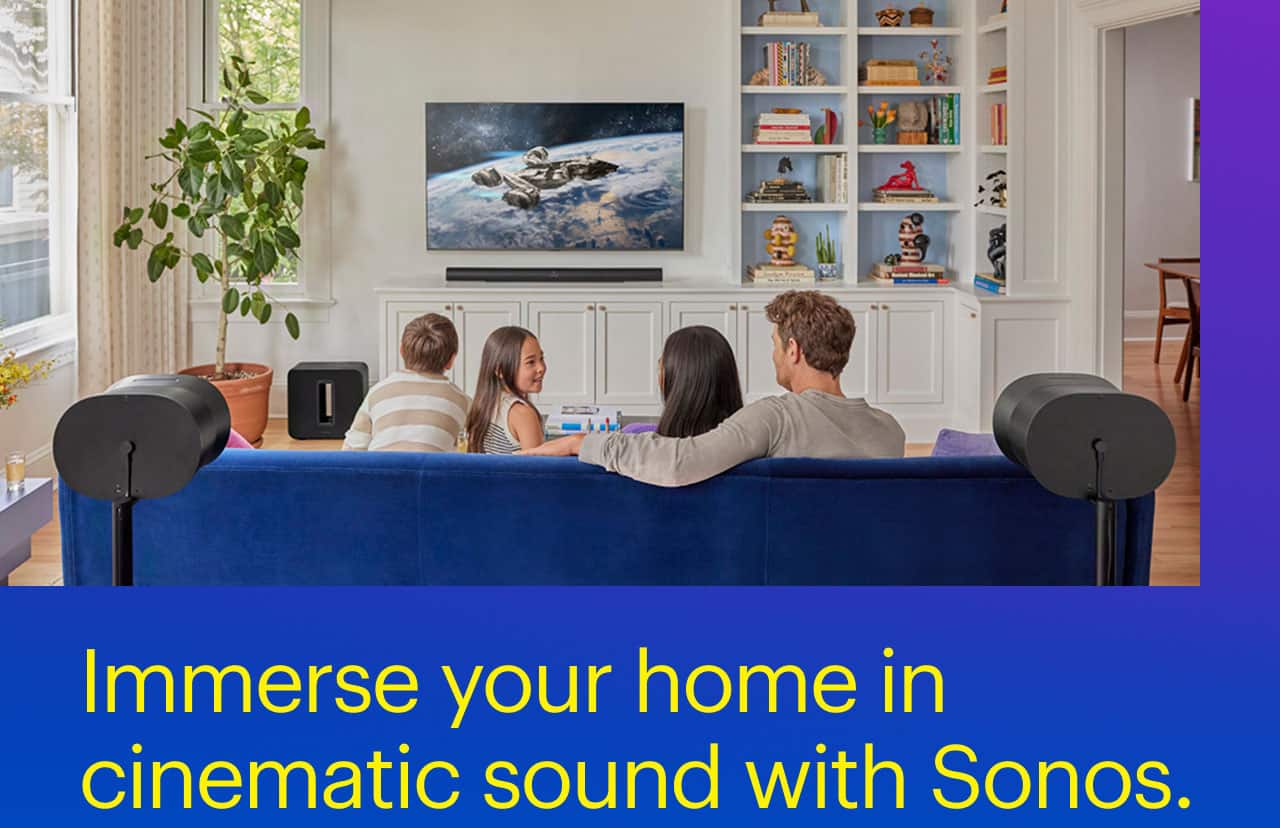 Immerse your home in cinematic sound from Sonos.  People watching TV with Sonos Arc Ultra.