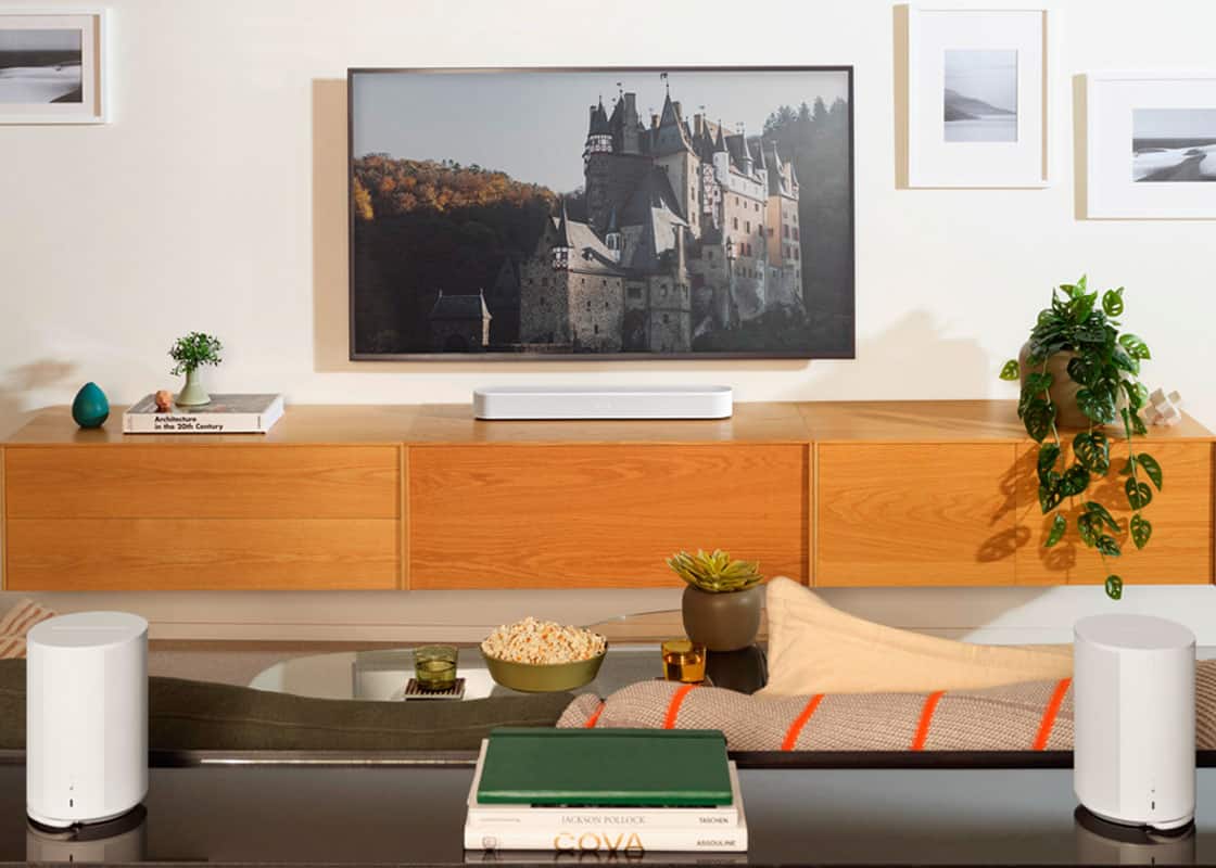 Sonos Era 100 speakers and Sonos Beam Soundbar.