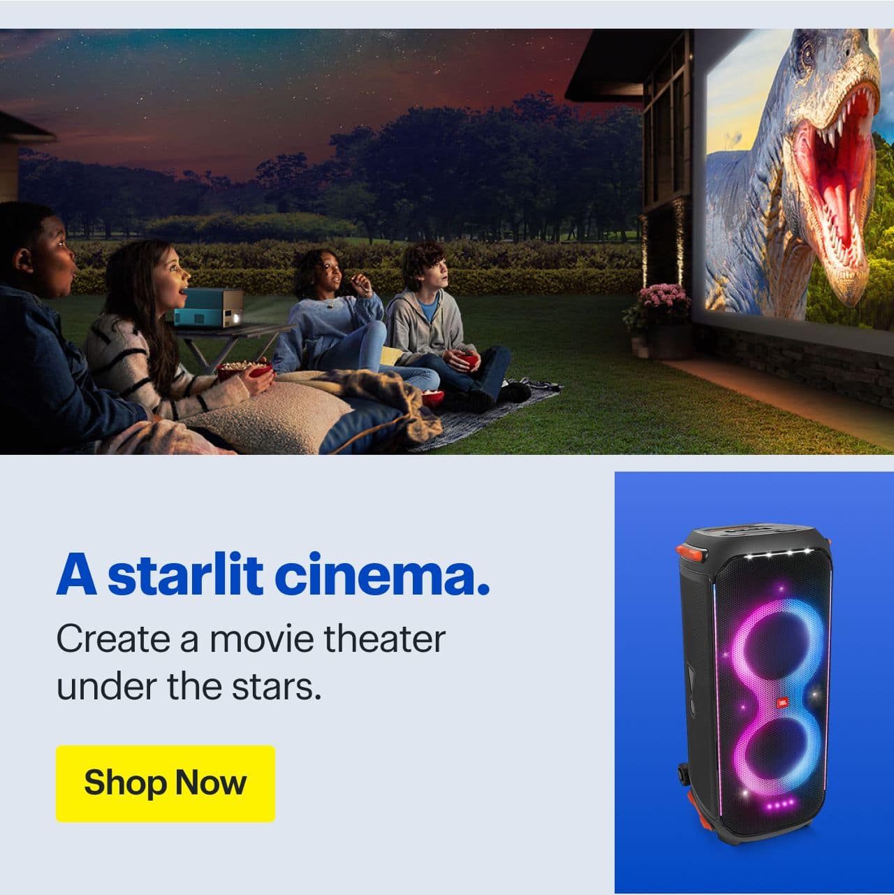 Headline: A starlit cinema.   People watching a movie outdoors on a projector. Speaker. 