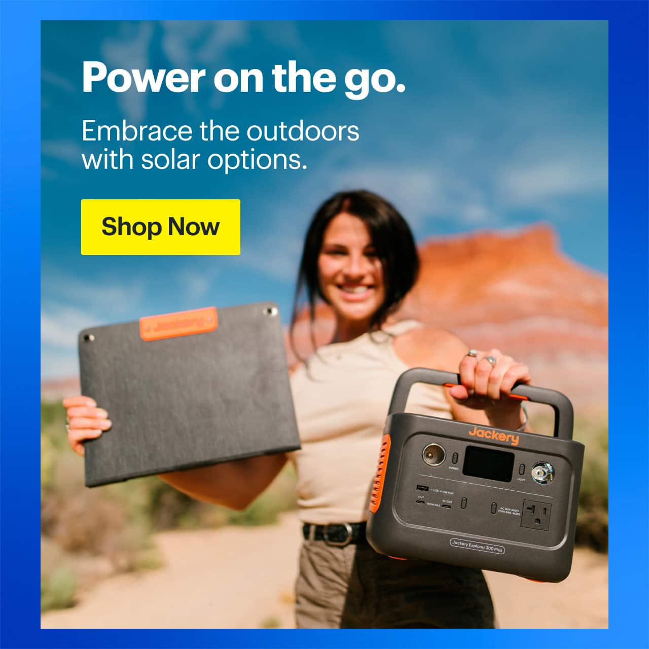 Headline: Power on the go.  Person holding solar equipment.
