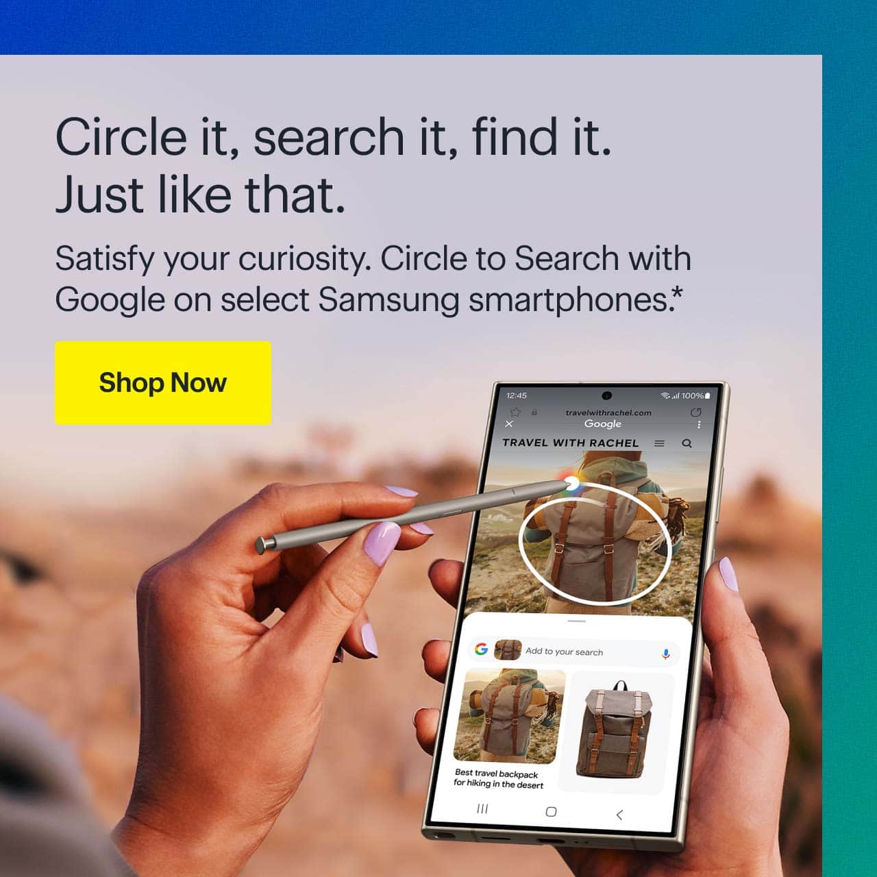 Hand with stylus using Circle to Search to find a travel backpack.