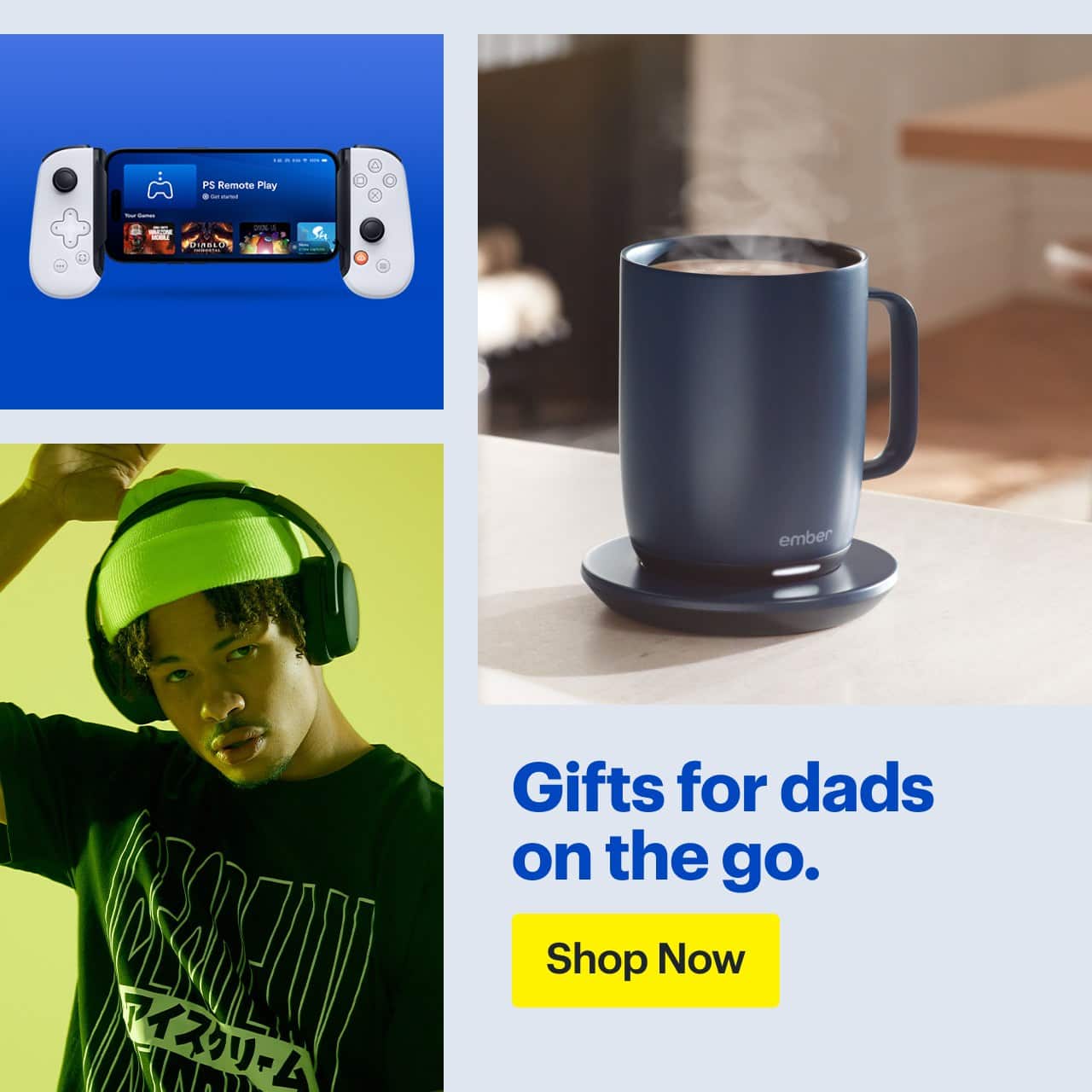 Backbone gaming console. Man wearing Skullcandy headphones. Ember Smart Mug. 
