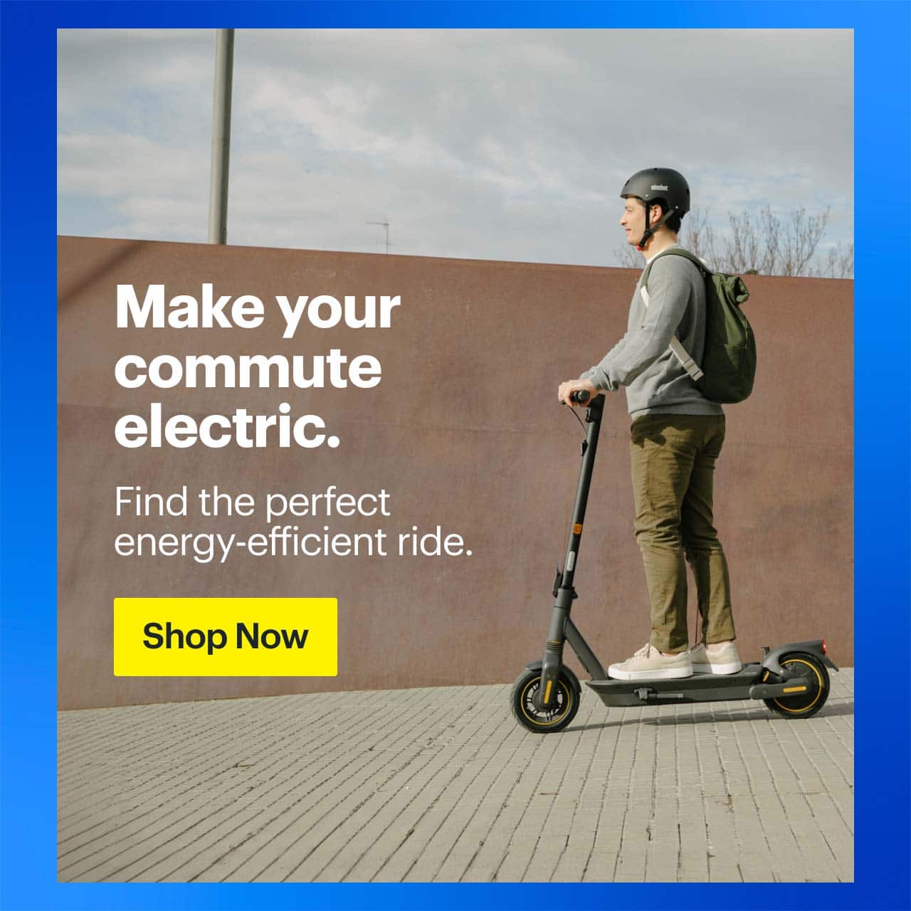 Headline: Make your commute electric.  Person commuting on electric scooter.