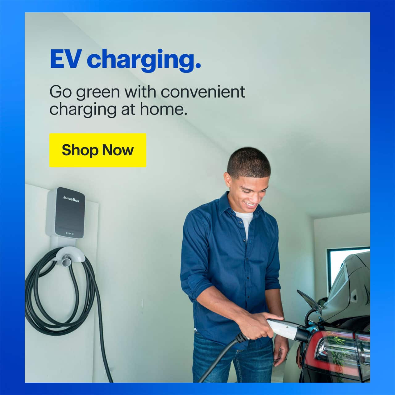 Headline: EV charging.  Person charging car at home.