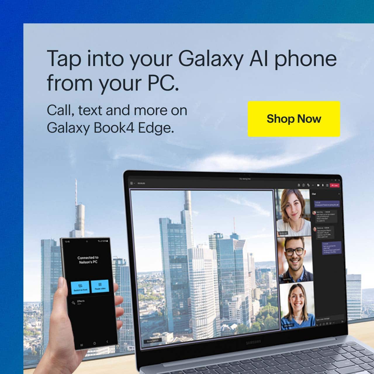 Hand holding Galaxy AI phone next to Galaxy Book4 Edge with meeting.	