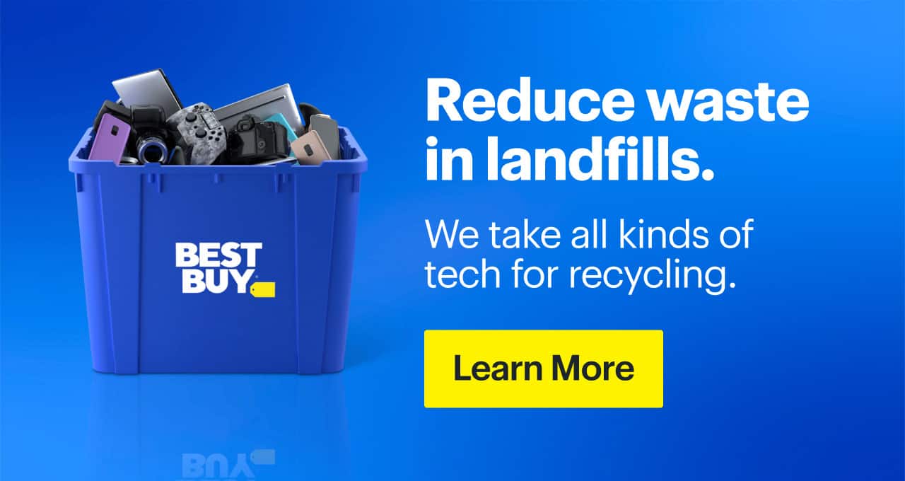 Headline: Reduce waste in landfills.  Recycling bin full of electronics.