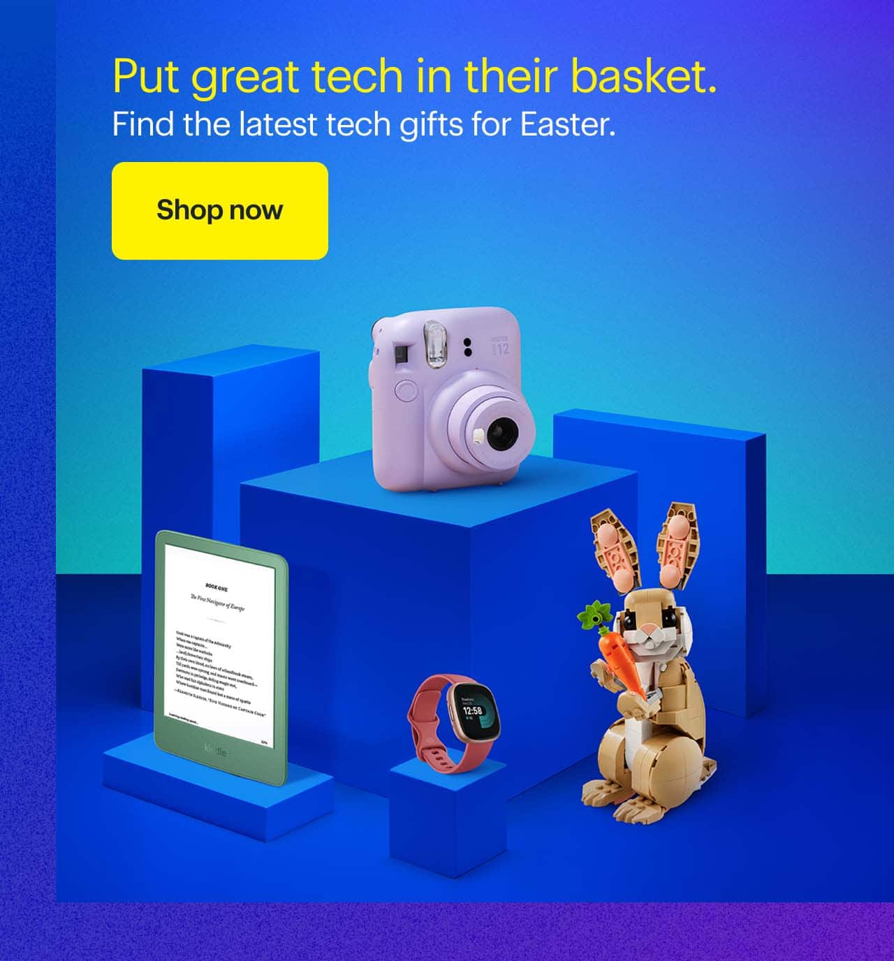 Green Kindle, Lego Bunny, Fitbit Smartwatch and Fujifilm Instax Camera.	
