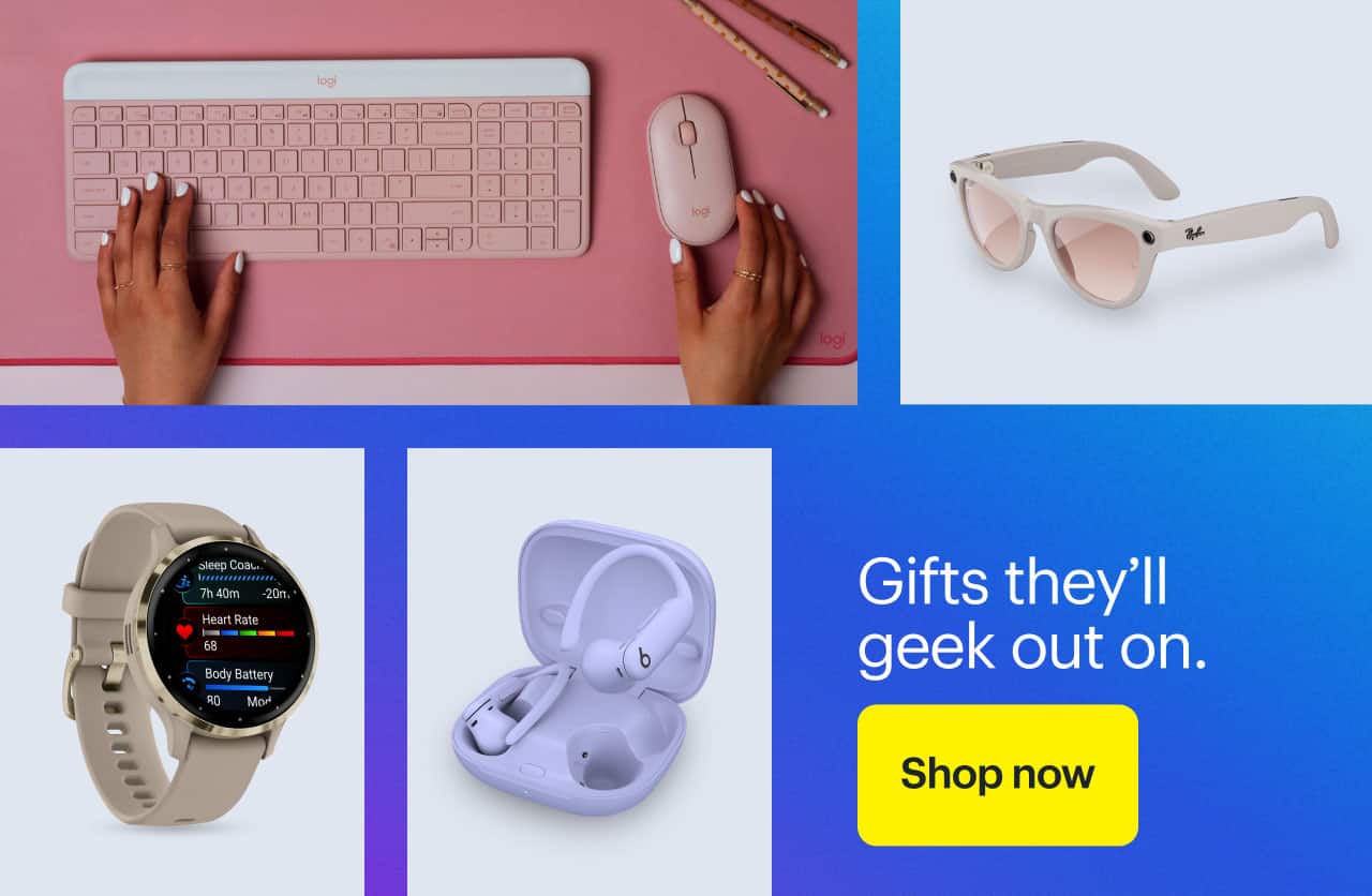 Gifts they'll geek out on.  Logitech keyboard and mouse bundle, Beats Powerbeats Pro 2 Earbuds, Garmin watch, Meta Glasses.