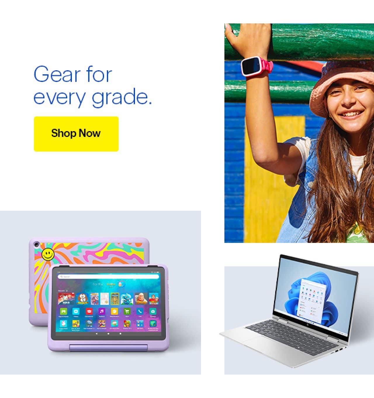 HP Envy 2-in-1 Full HD Touch-Screen Laptop. Amazon Fire HD Kids Pro Tablet. Xplora Kids' XGO3 Smart Watch.