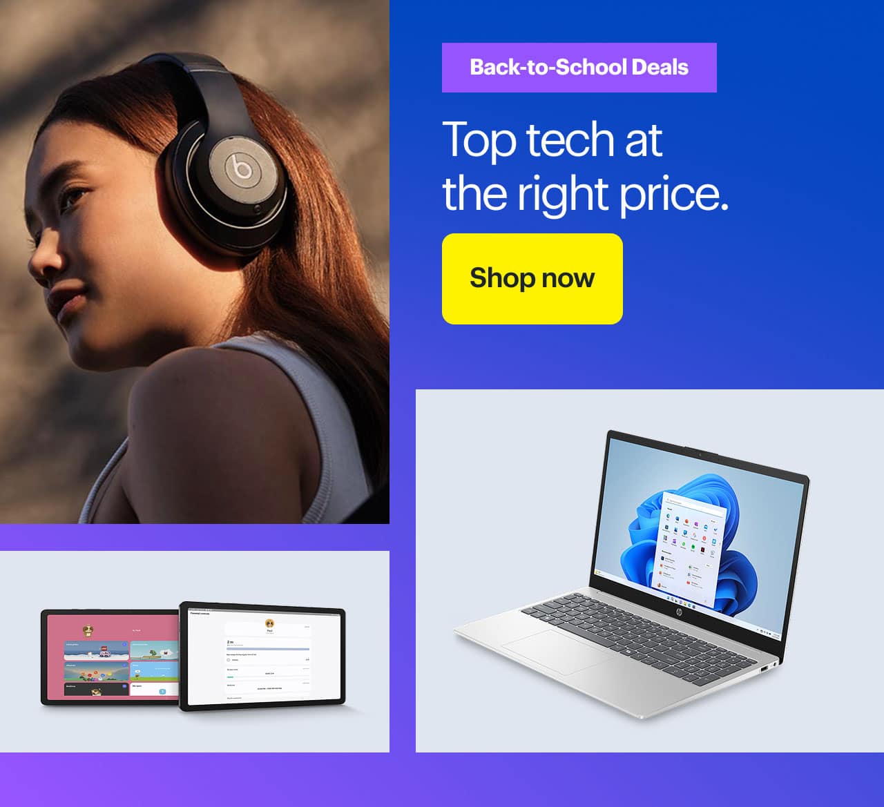 Person wearing Beats Studio Pro Wireless Headphones, Samsung Galaxy Tab A9+, HP 15.6