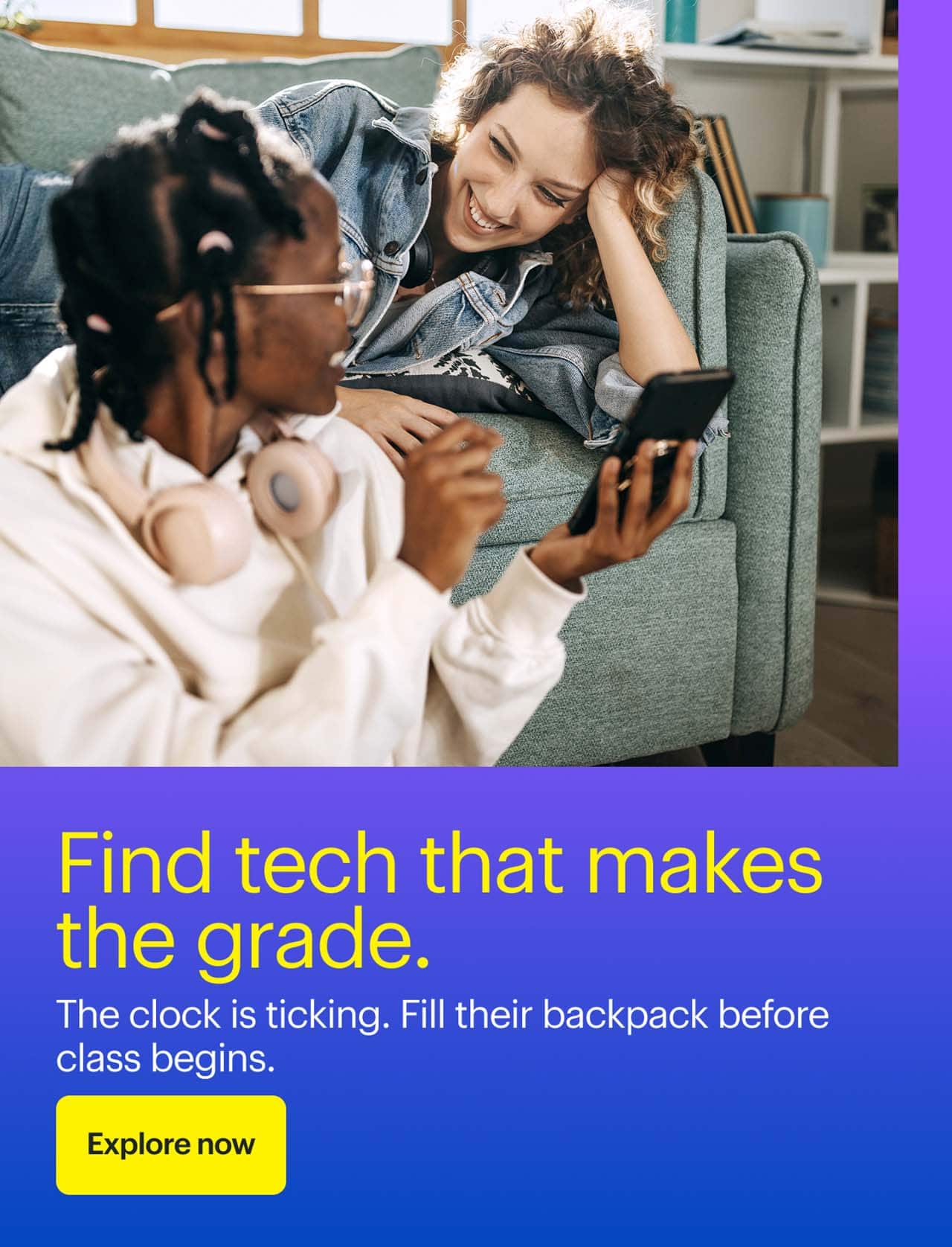 Find tech that makes the grade.  Two people using a smartphone in a living room.