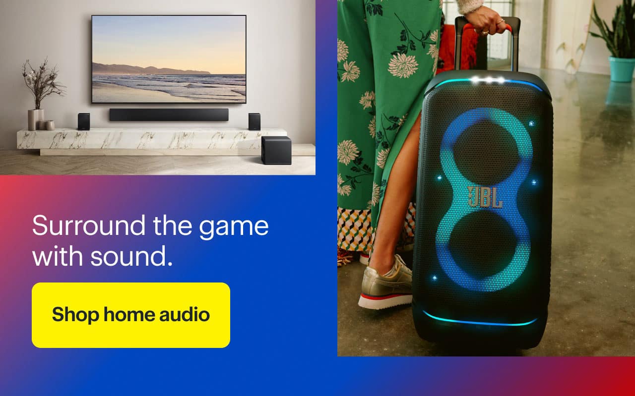 Person transporting JBL PartyBox Stage 320 Portable Speaker. Samsung Q-Series 5.1.2ch Soundbar.