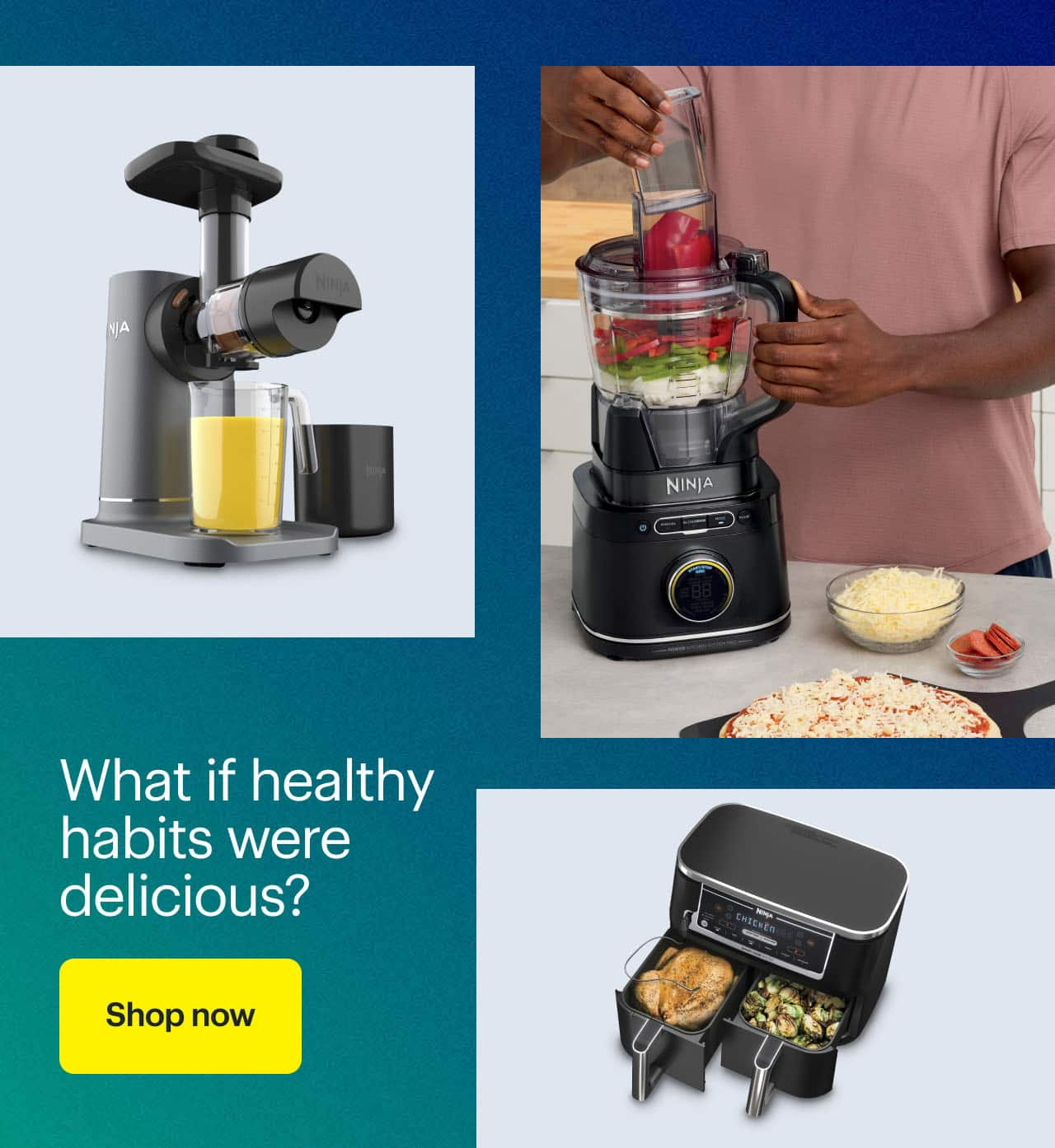 Ninja Juicer. Person using Ninja Power Blender. Ninja Foodi Air Fryer.