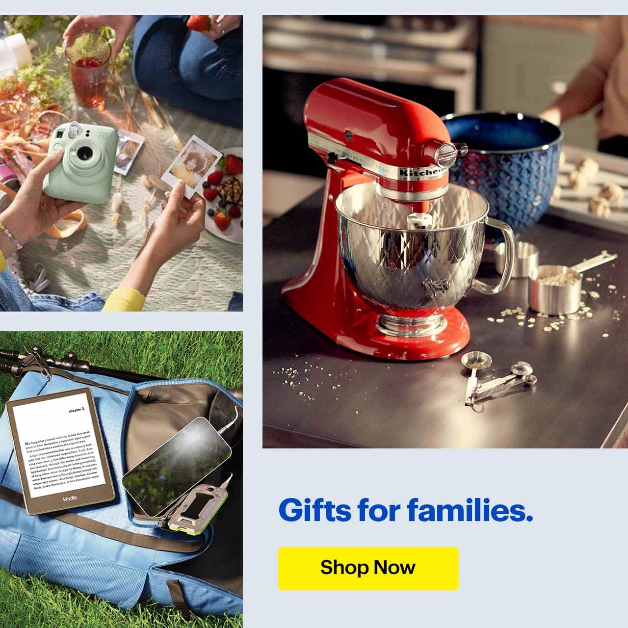 Headline: Gifts for families.  Instax Mini 12, KitchenAid mixer and Kindle.