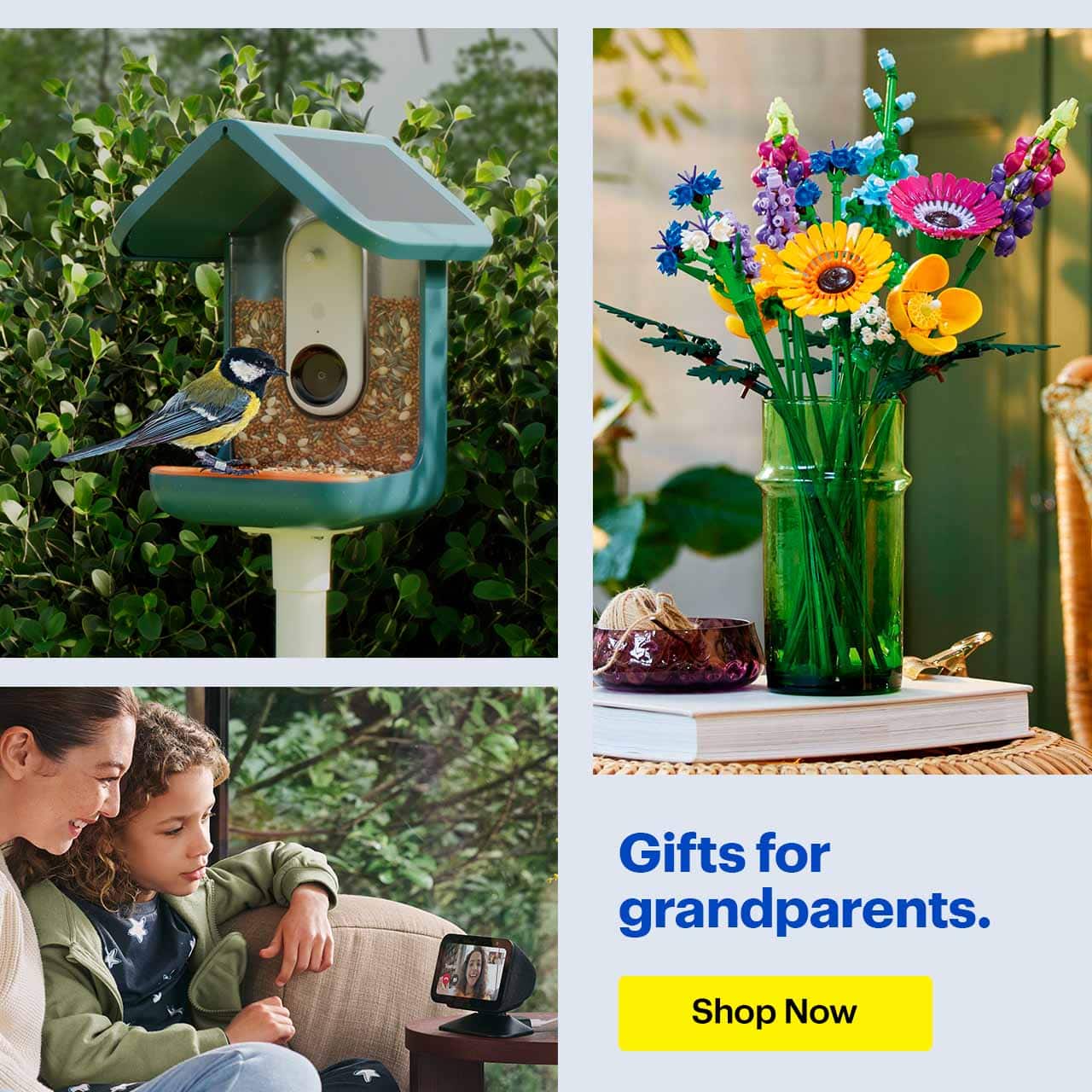 Headline: Gifts for grandparents.  Bird Buddy, LEGO and Amazon Echo Show.