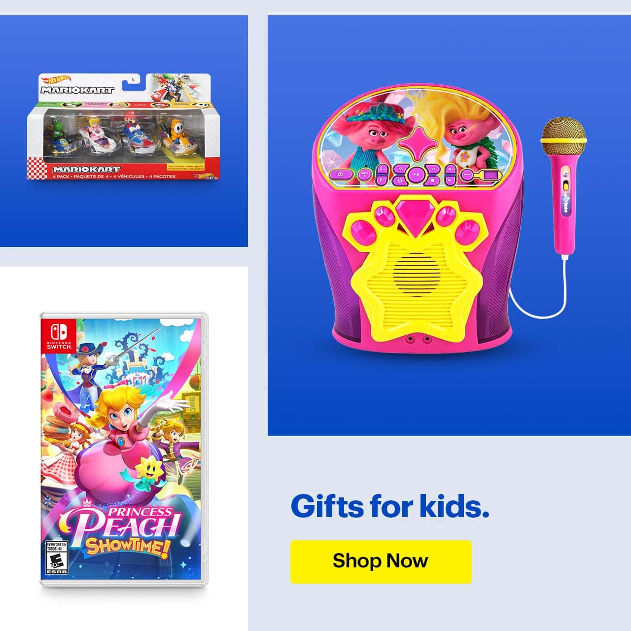Headline: Gifts for kids.  Hot Wheels Mario Kart 4-pack, Trolls Karaoke and Princess Peach: Showtime! pre-order.