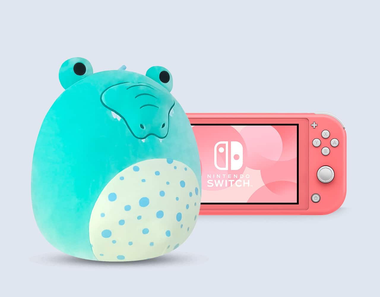 Headline: Basket filled.  Nintendo Switch and plush toy.