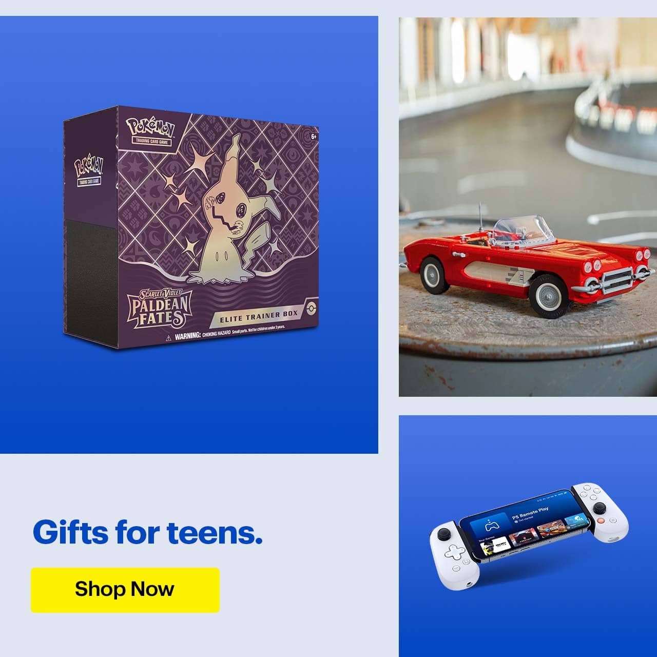 Headline: Gifts for teens.  LEGO Corvette, Backbone handheld device and Pokemon Paldean Fates Elite Trainer Box.