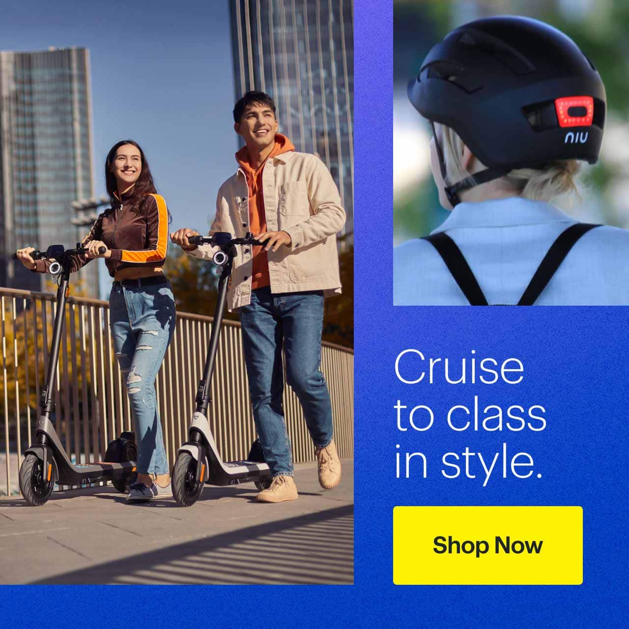 Two people walking with NIU KQi2 Pro Scooters. A person wearing NIU Electric Scooter Helmet.