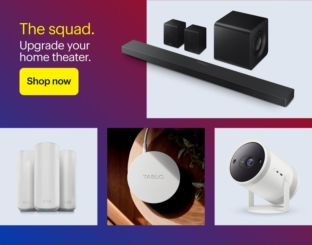 The squad.  Samsung The Freestyle 2nd Gen Projector, Tablo 4th Gen DVR and Streaming Player, Samsung Q-Series Soundbar with Subwoofer and Rear Speakers, NETGEAR Wi-Fi 7 System.