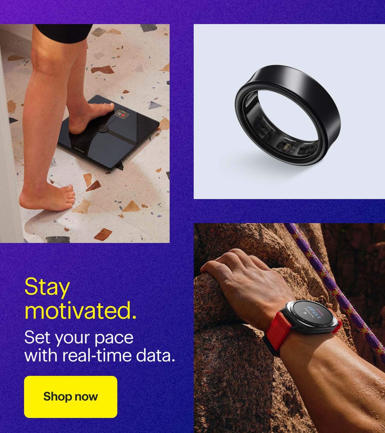 Samsung Galaxy Ring. Person wearing Samsung Galaxy Watch Ultra Titanium Smartwatch. Person stepping on Withings Body Smart Advanced Body Composition Smart Wi-Fi Scale. 