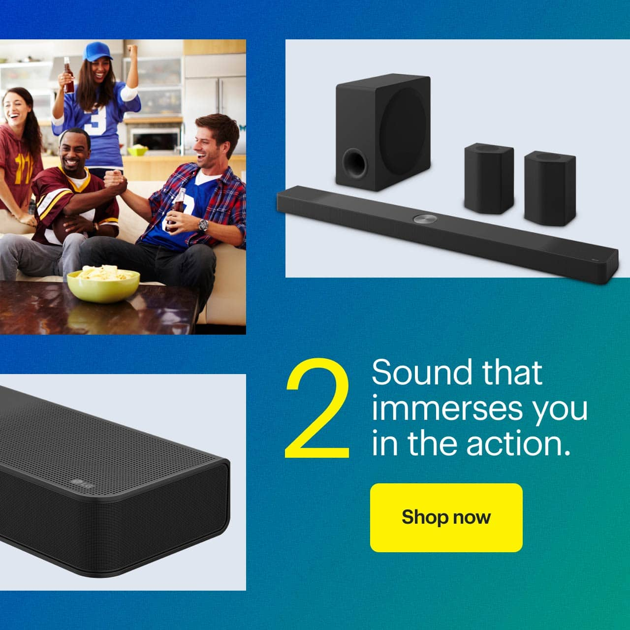 Group of people watching football.  LG 9.1.5 Channel S95TR Soundbar with Wireless Subwoofer and Rear Speakers.