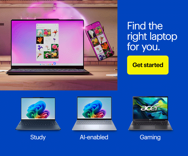 Find the right laptop for you.  Carousel slider with 3 categories: study, AI-enabled, gaming.  Lenovo Yoga 9i 2-in-1 Aura Edition Touch-Screen Laptop, Dell Plus 2-in-1 16