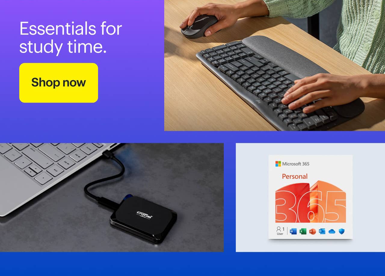 Logitech wireless keyboard and mouse, Crucial X9 2TB SSD, Microsoft 365 Personal and Microsoft 365 Family software.