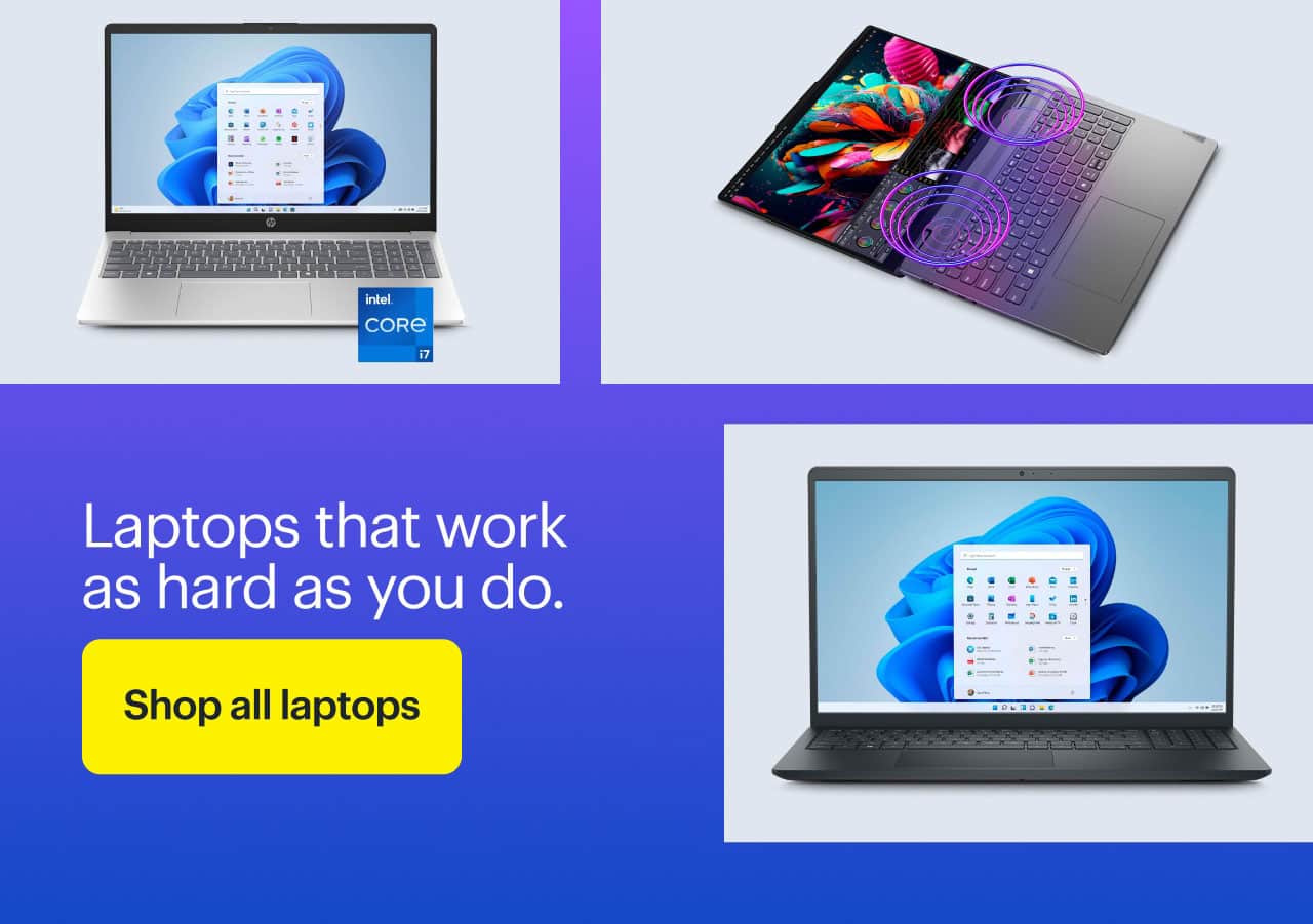 HP Full HD Touch Screen Laptop, Dell Inspiron Touch Screen Laptop, Lenovo Yoga 7i 2-in-1 Touch Screen Laptop.