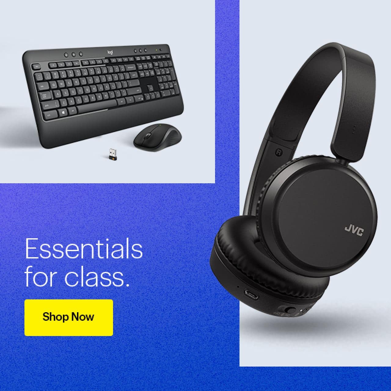Logitech keyboard and mouse, JVC headphones.
