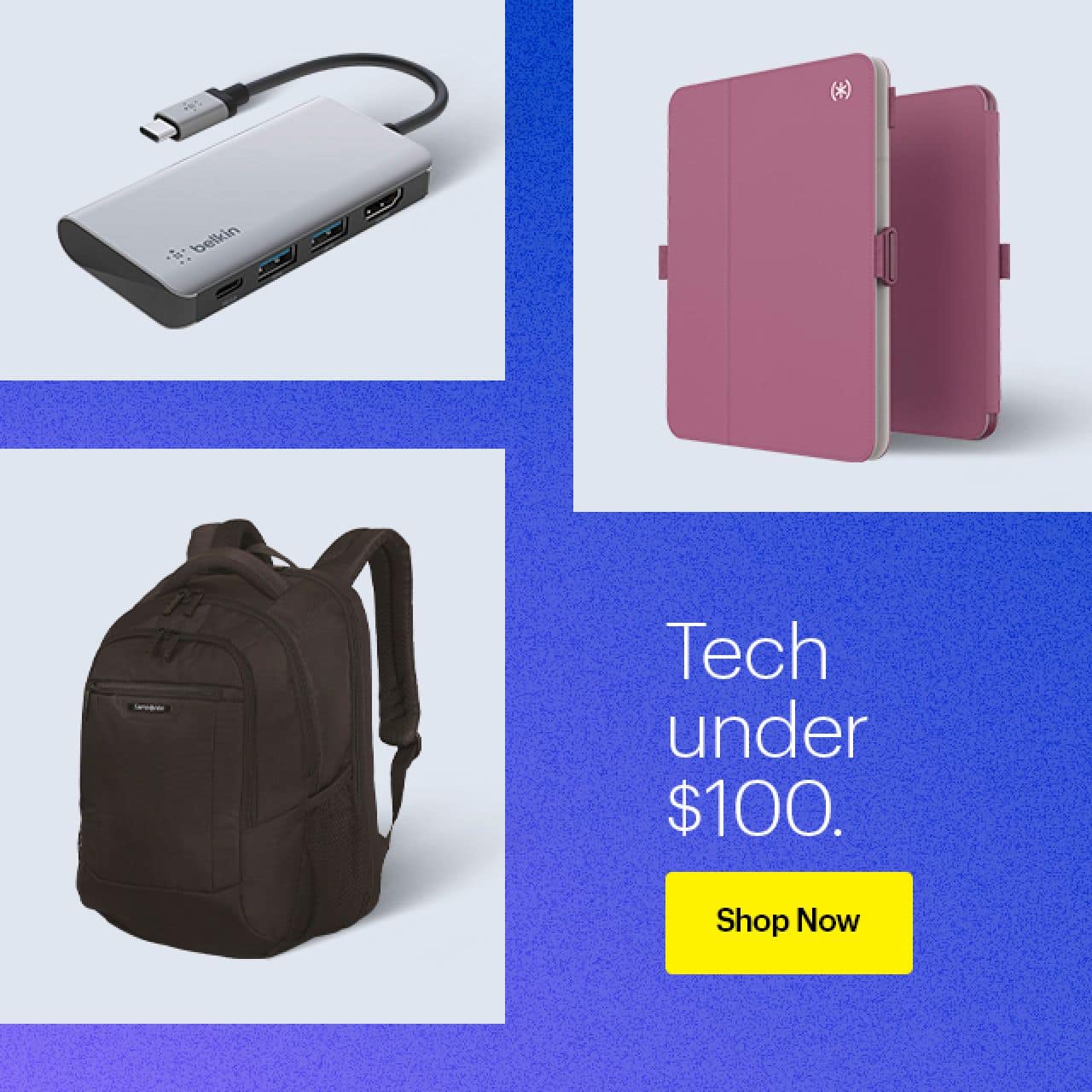 Belkin USB hub, Samsonite backpack, Speck tablet case.