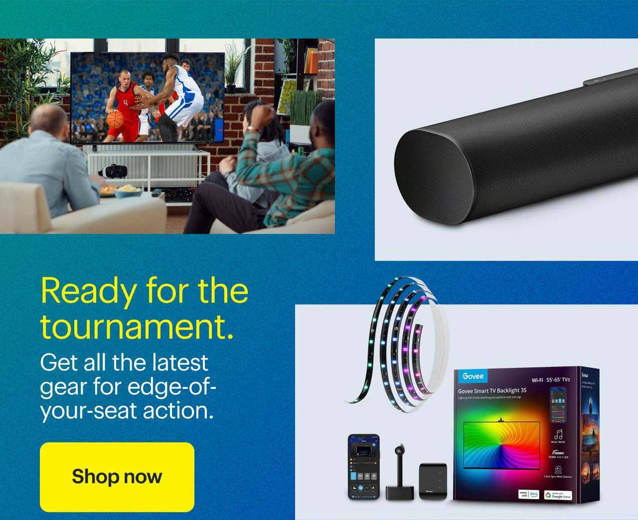 People watching a basketball game on TV, Sonos Arc Ultra Soundbar and Govee Dreamview TV Strip Lights.