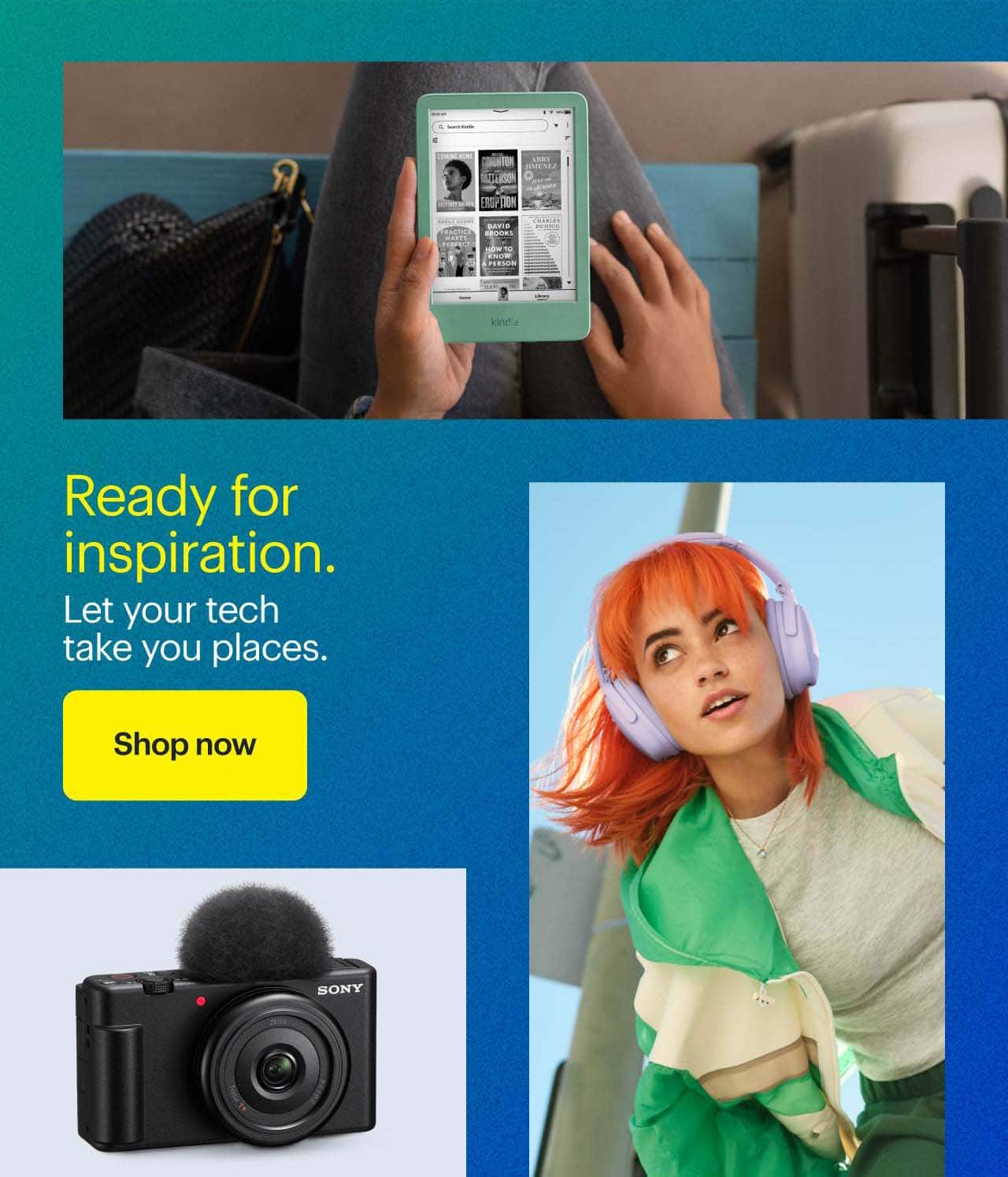 Amazon Kindle Paperwhite, Bose QuietComfort Wireless Headphones and Sony vlog camera.
