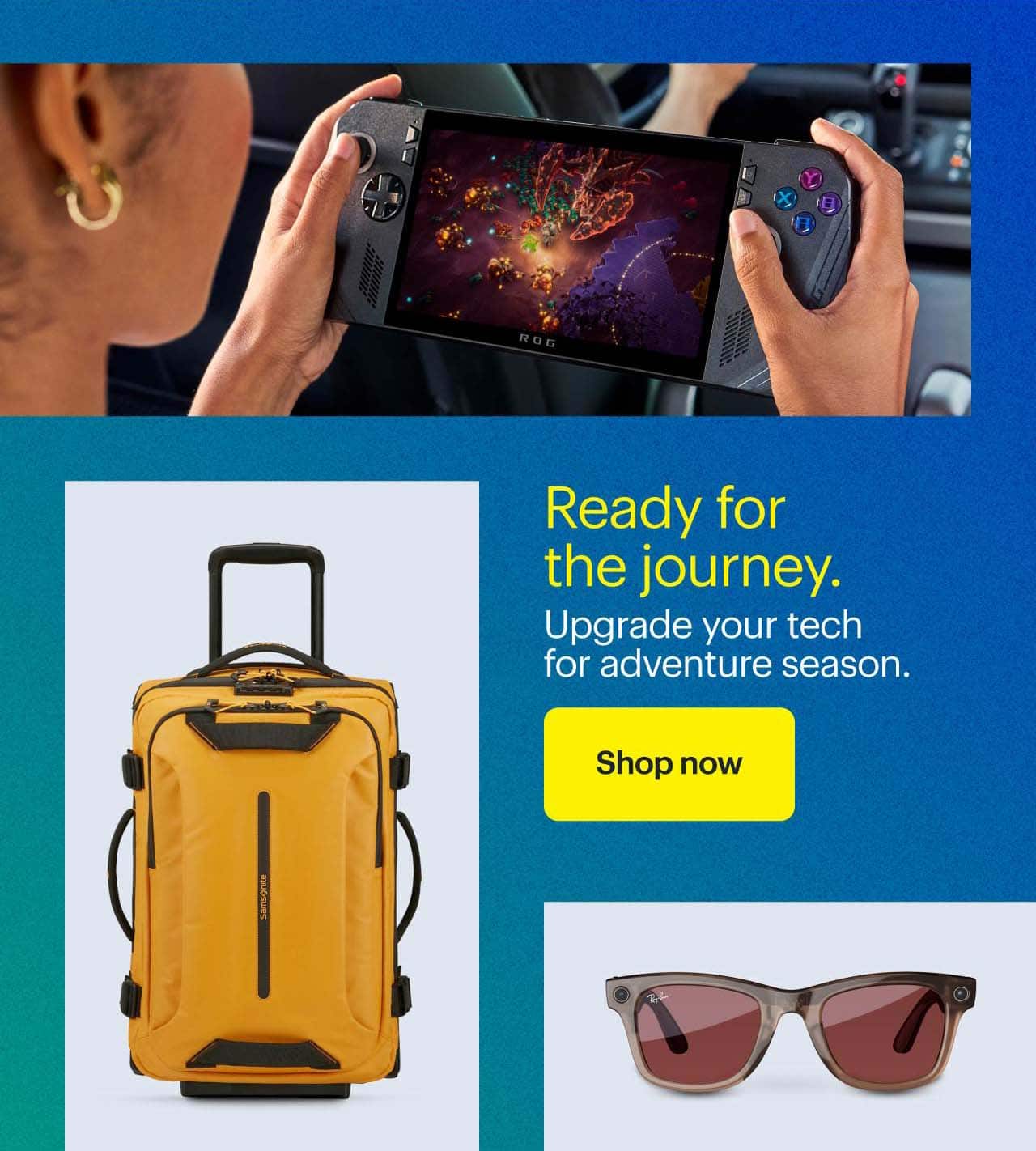 ASUS ROG Ally X Gaming Handheld, Samsonite Ecodiver Carry-On Duffle and Ray-Ban Meta Wayfarer Smart Glasses.