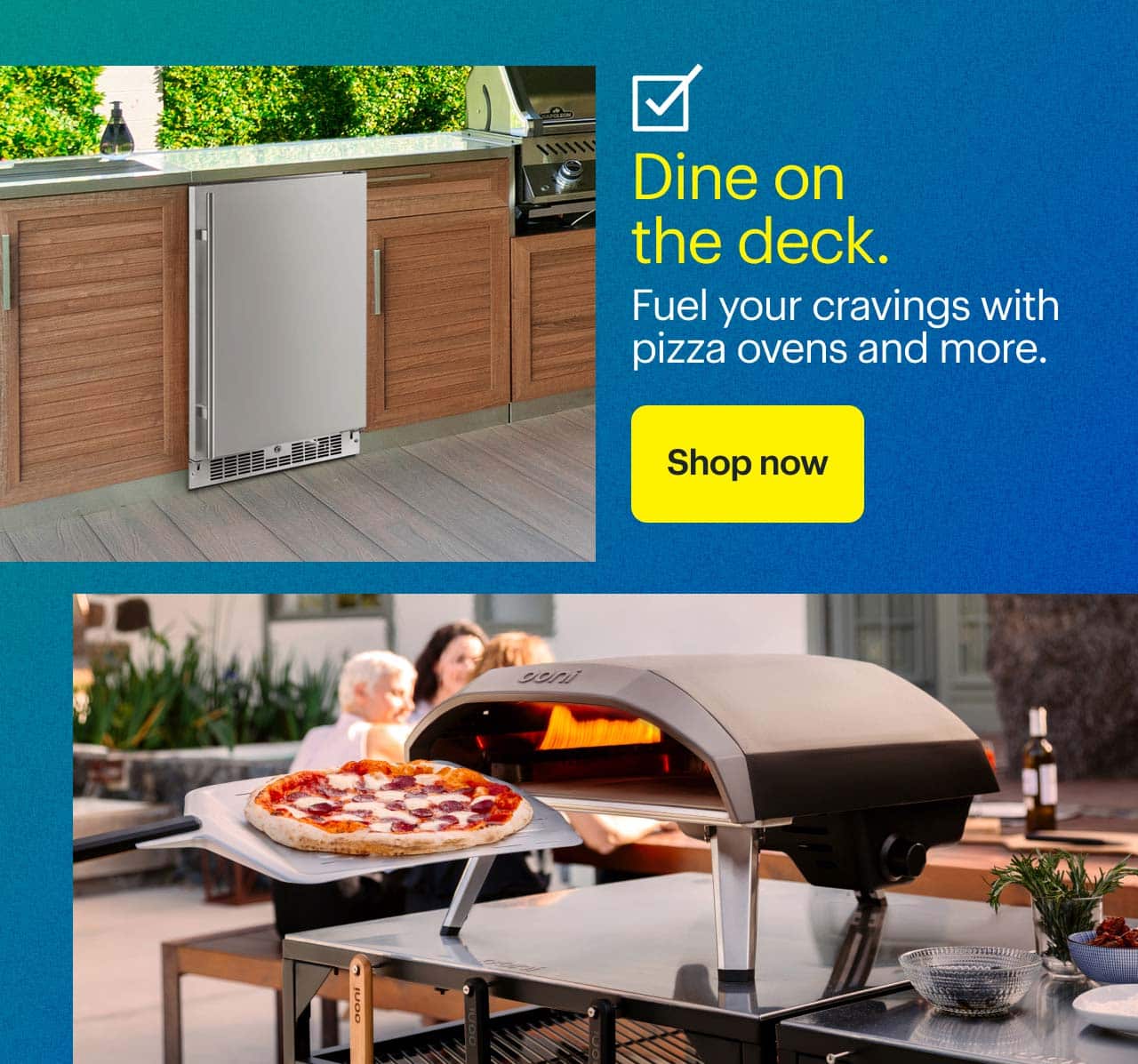 Ooni Koda 16 Gas-Powered Outdoor Pizza Oven and Insignia Indoor/Outdoor Mini Fridge.