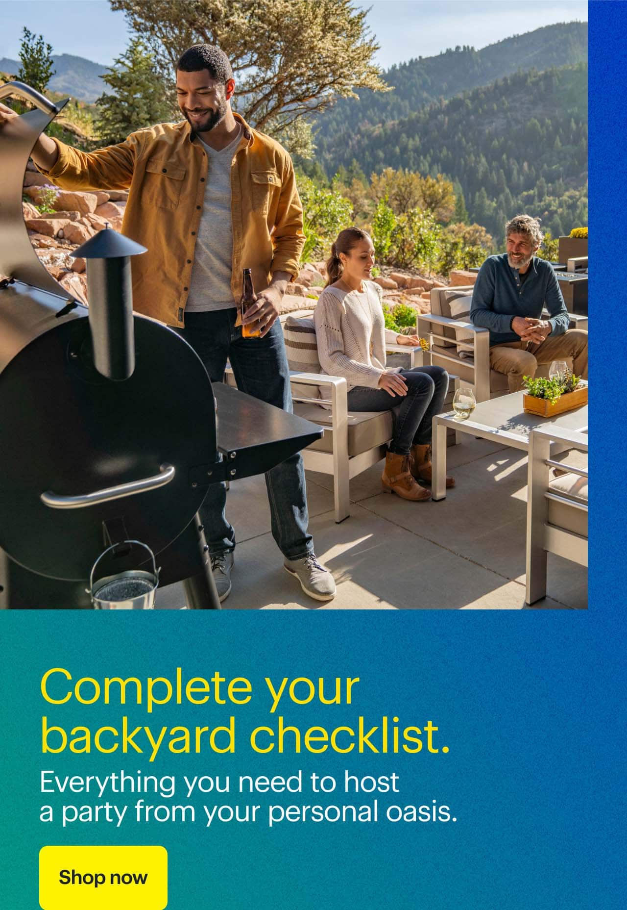 Complete your backyard checklist.  People grilling on outdoor space with Traeger Pro 780 Pellet Grill and Smoker.