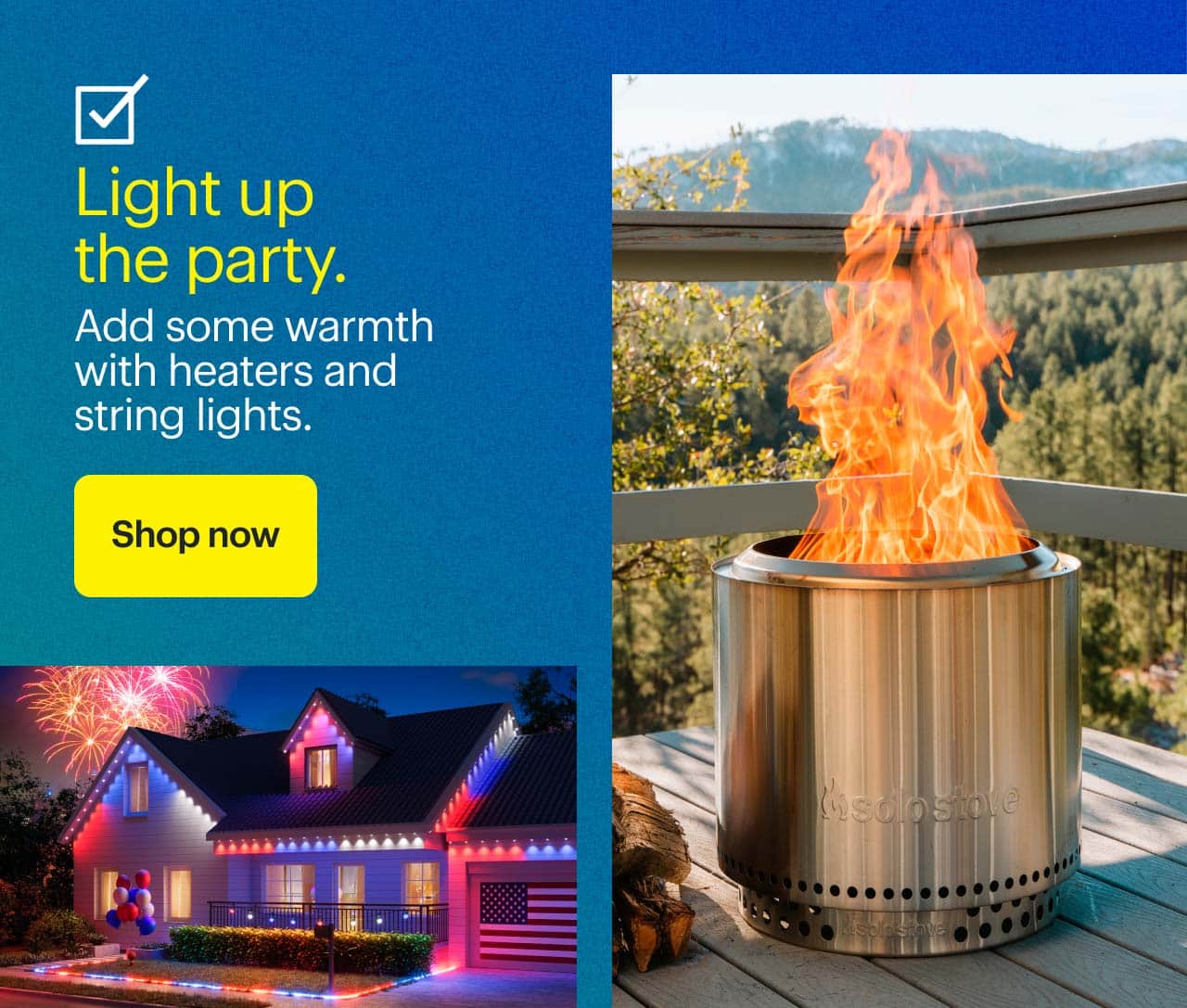 Solo Stove Bonfire Stand and Shelter and Govee Outdoor Permanent String Lights.