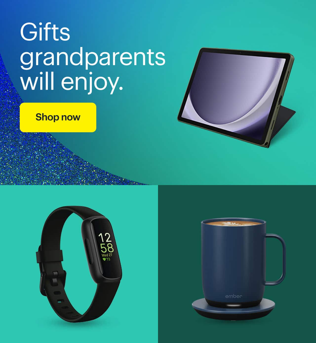 Fitbit Inspire 3, Ember Temperature Control Smart Mug and Samsung Galaxy tablet.