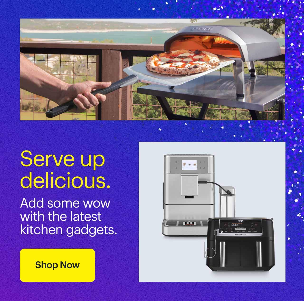 Ooni pizza oven, Ninja air fryer and KitchenAid espresso machine.