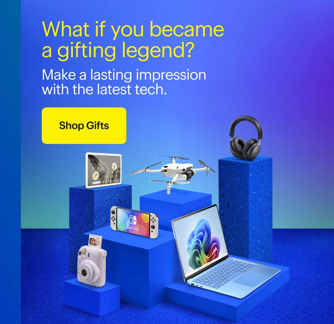 Google Pixel tablet, Ninentdo Switch, Fujifilm Instax Mini 12, DJI drone, Sony headphones and Apple MacBook laptop.