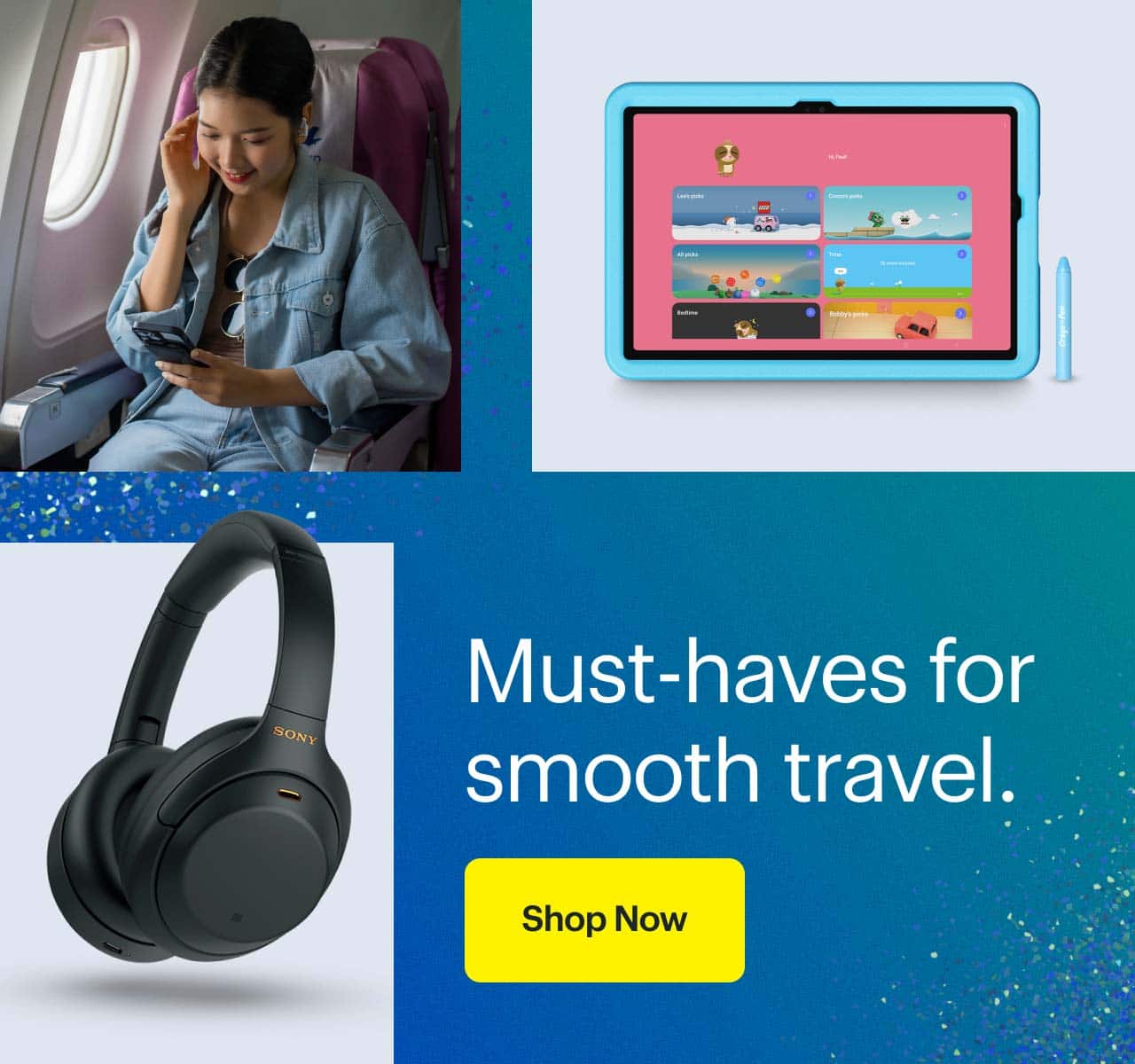 Person on plane wearing earbuds and using phone. Samsung Galaxy Tab A9+ Kids Edition. Sony Noise Canceling Headphones.