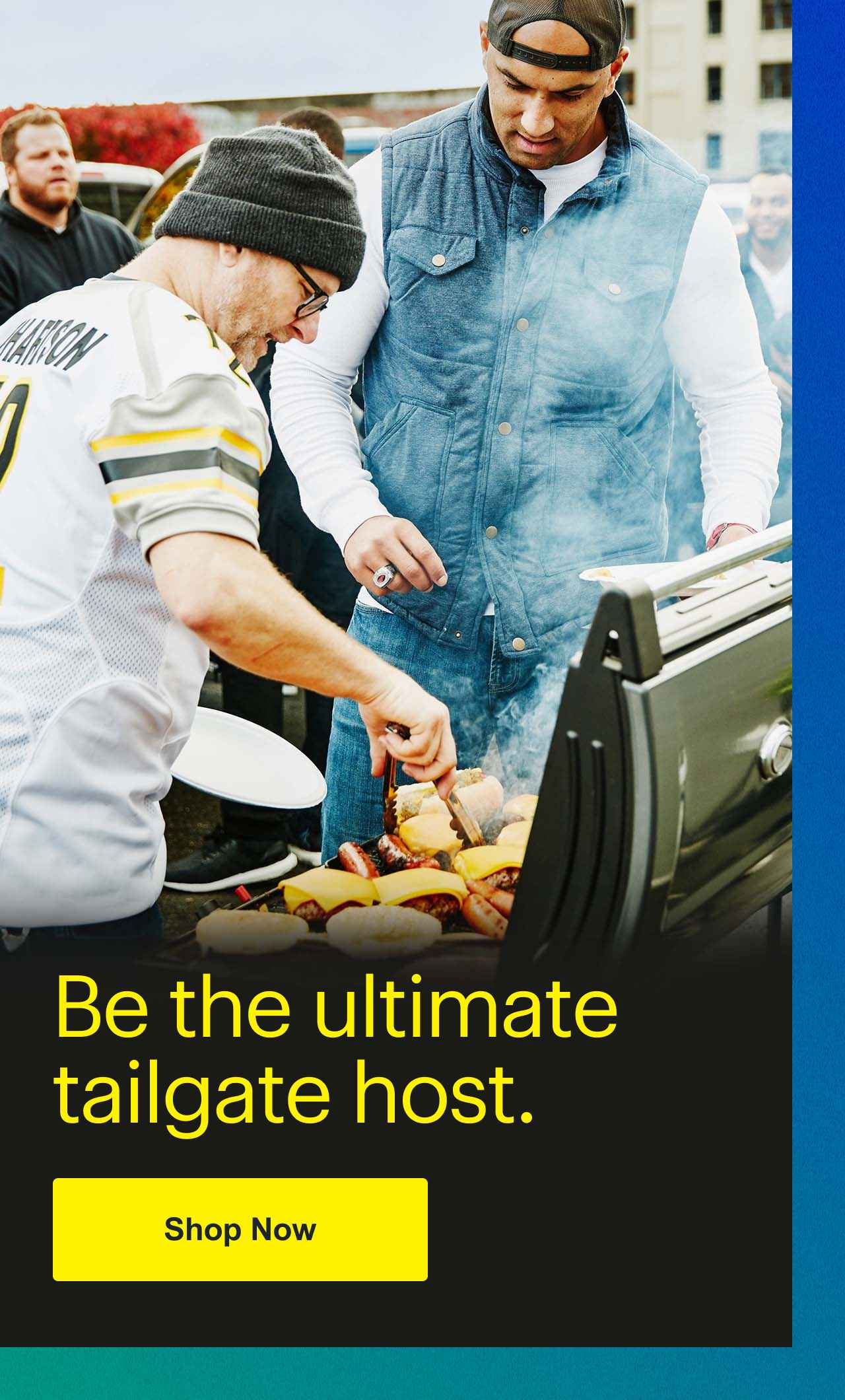 Be the ultimate tailgate host.  People near grill at tailgate.