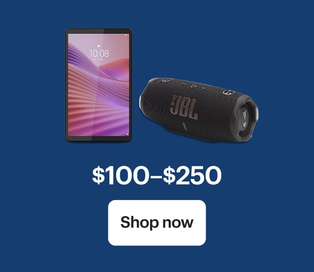 $100–$250. Lenovo Tab One, JBL Charge 6 Speaker.