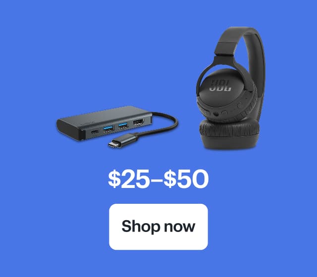 $25–$50. Belkin Multiport Adapter, JBL Tune 520BT Headphones.