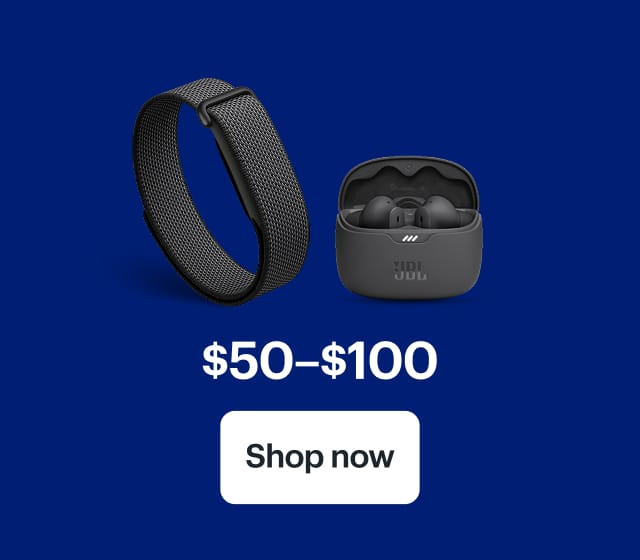 $50–$100. Google Fitbit Air, JBL Tune 245NC Earbuds.