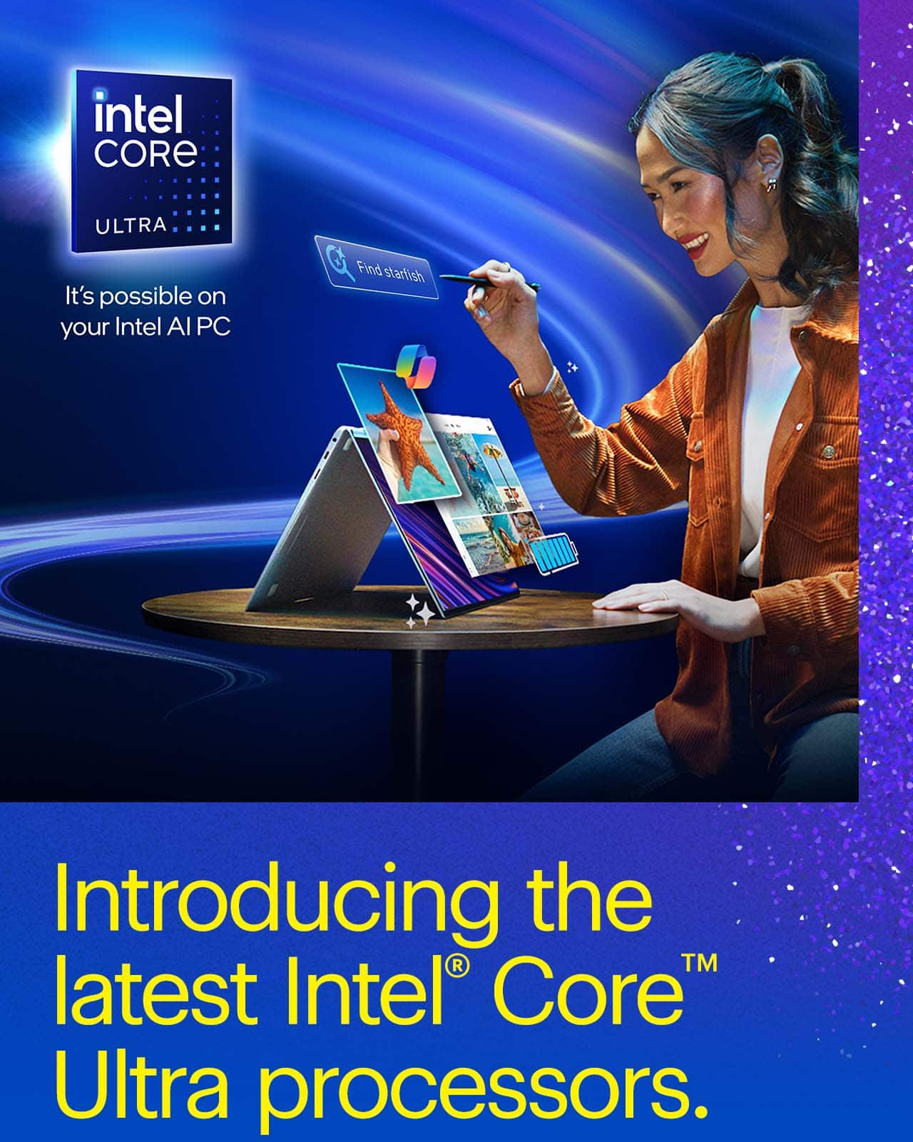 Introducing the latest Intel Core Ultra processors.  Person working on Intel AI PC.