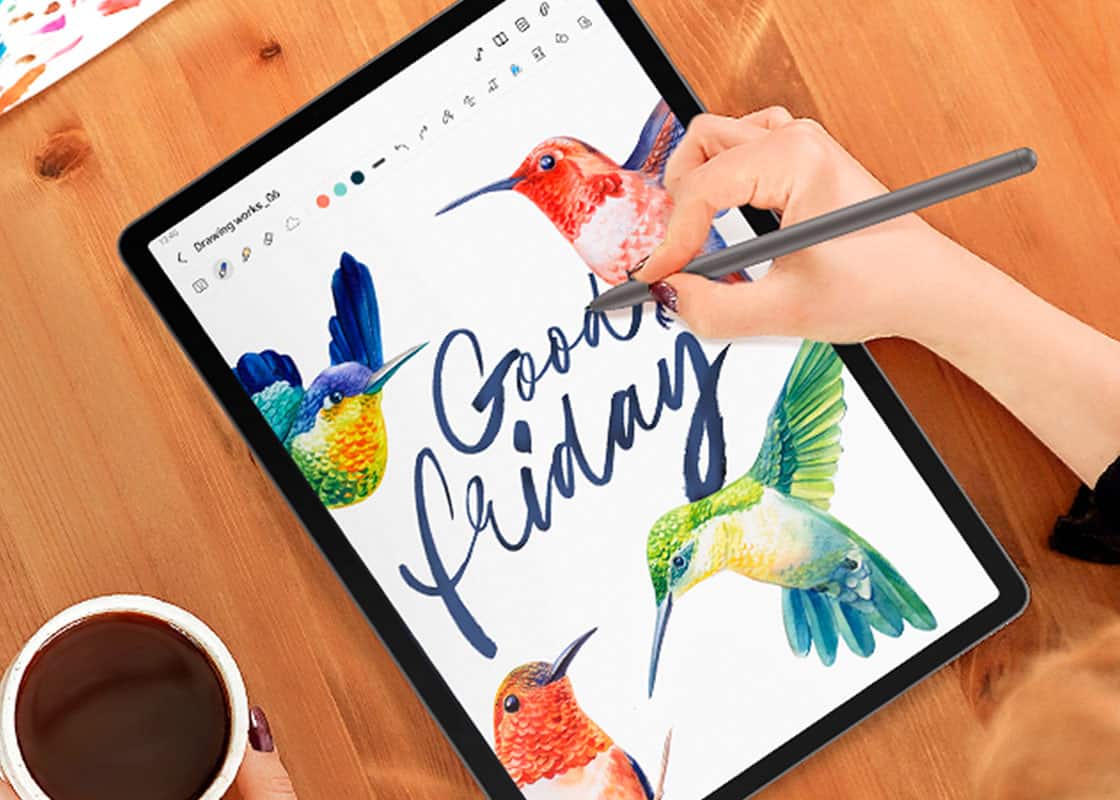 Person drawing on Samsung Galaxy Tab.	