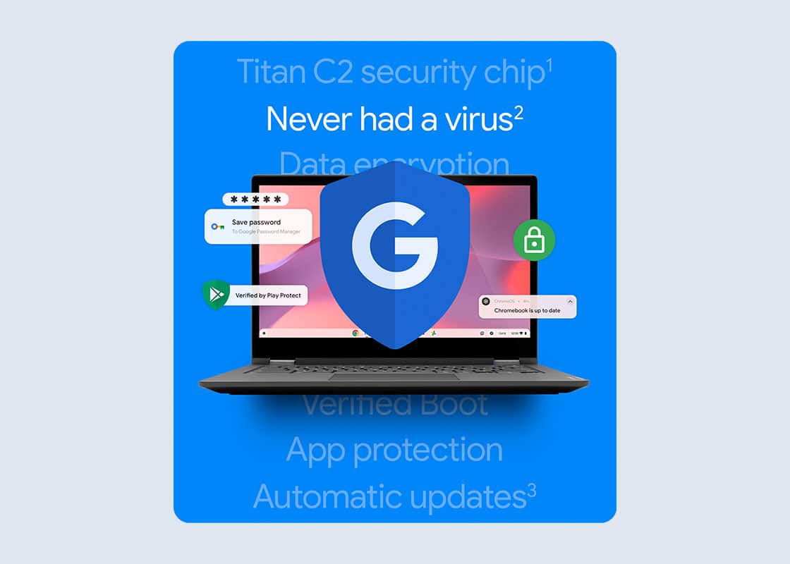 Chromebook Plus with security graphics.	