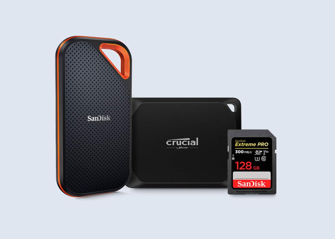 Crucial X10 Pro 4TB USB-C external storage and SanDisk 128GB Extreme Pro memory card.